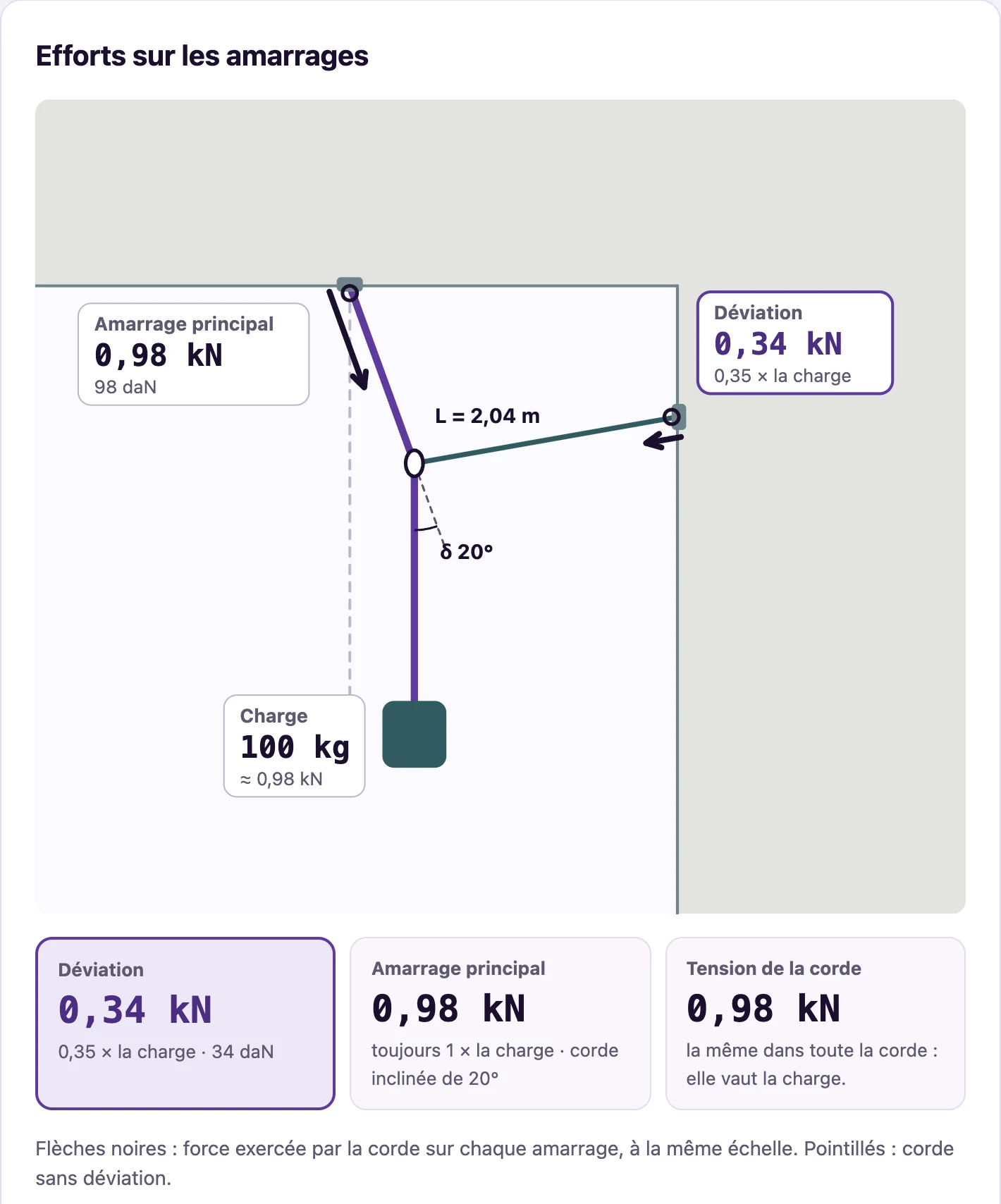 Outil Déviation réglé à 20° : la corde est peu déviée et l'ancrage de la déviation reprend 0,34 kN pour 100 kg, soit 0,35 fois la charge.