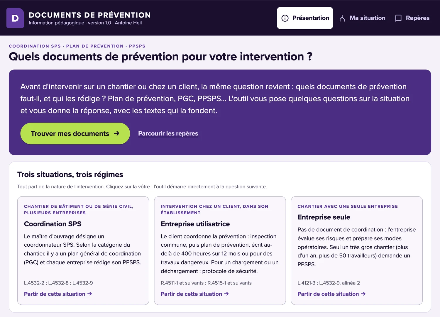 Page Présentation de l’outil Documents de prévention : la question « Quels documents de prévention pour votre intervention ? », le bouton « Trouver mes documents » et les trois situations : coordination SPS, entreprise utilisatrice, entreprise seule, avec leurs articles du code du travail.