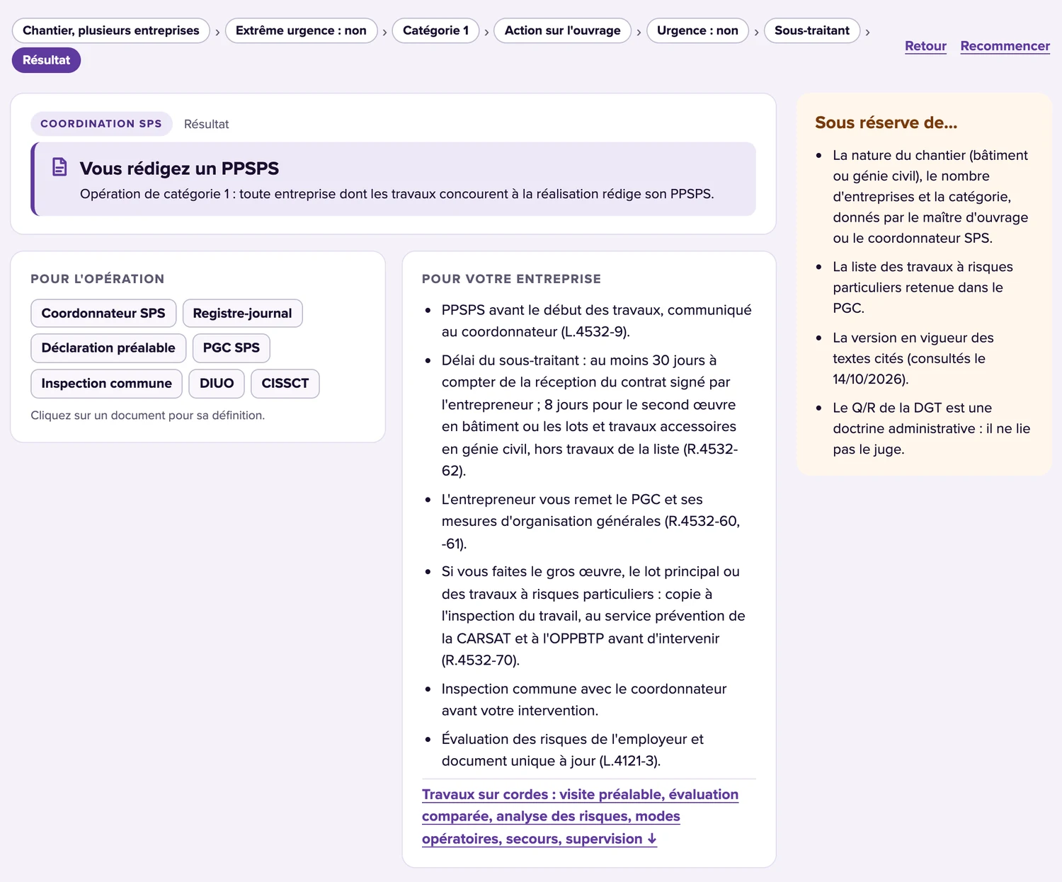 Résultat de l’outil pour un sous-traitant qui fait une action technique sur l’ouvrage, sur un chantier de catégorie 1 : « Vous rédigez un PPSPS ». Le fil des réponses en haut, les documents de l’opération (coordonnateur SPS, PGC, DIUO…) et ce que l’entreprise doit faire, avec les articles.